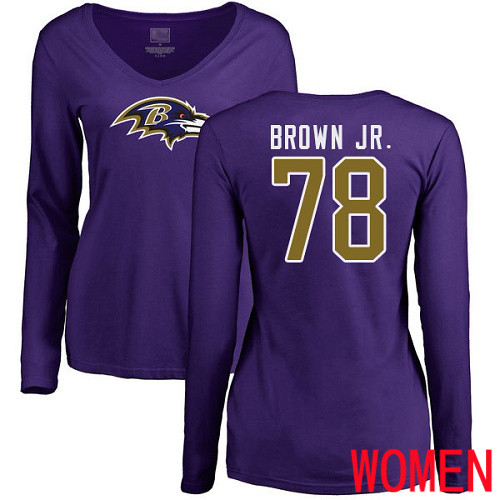 Baltimore Ravens Purple Women Orlando Brown Jr. Name and Number Logo NFL Football #78 Long Sleeve T Shirt->women nfl jersey->Women Jersey
